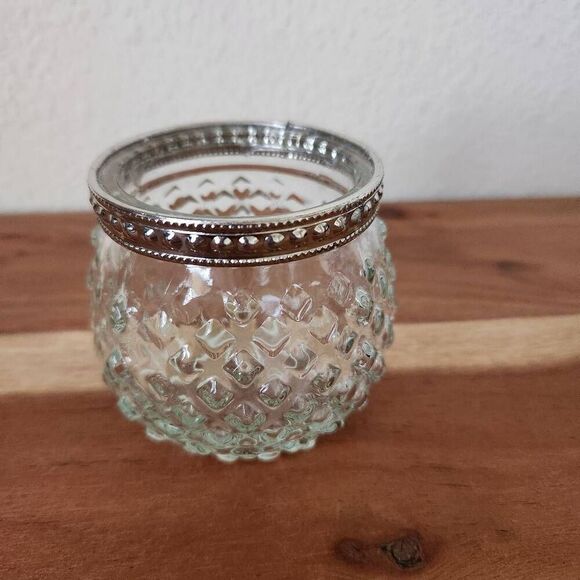 Glass jar short round bubble silver trim glam vintage container - Picture 1 of 4